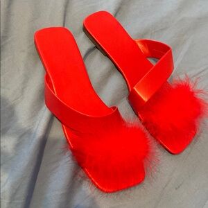 Red Feathered Women's Slide Sandals